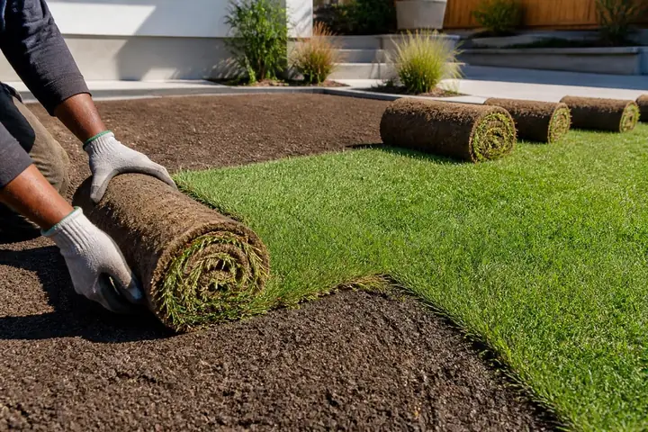 Fresh rolls of sod being laid on graded soil