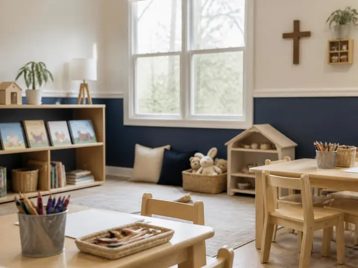 The kids' classroom: small tables, crayons and a shelf of picture books