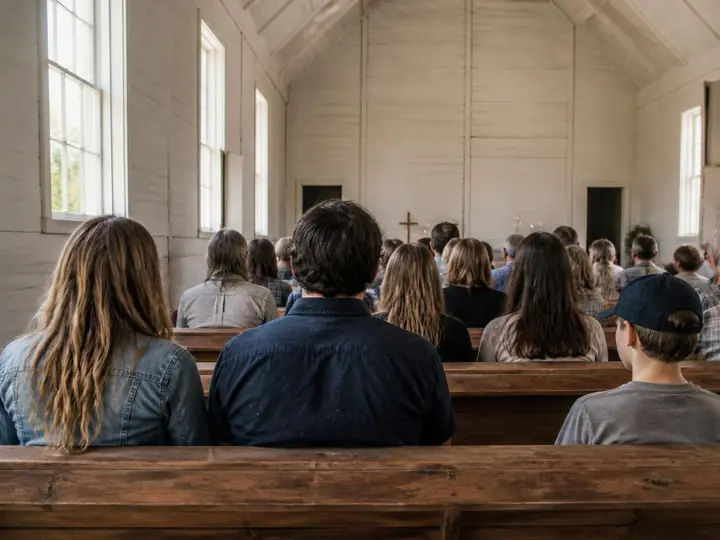 View from the back pews: people in jeans, caps and sundresses during the service