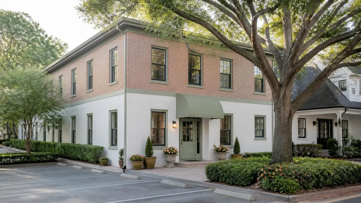 The office at 412 Oak Street: a brick building with a green door under a big oak tree