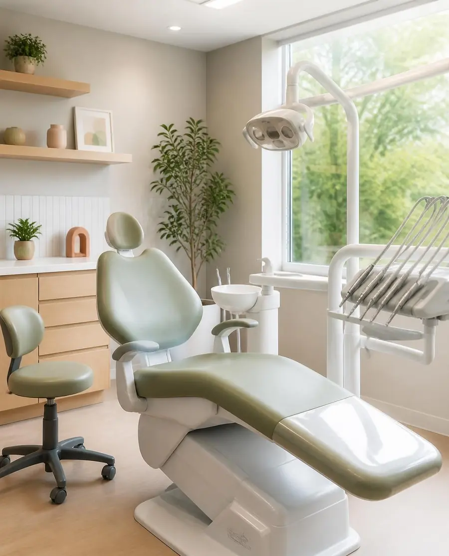 A bright treatment room with a sage-green dental chair and a big window onto the trees