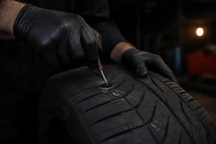 Plugging a puncture in a tire tread