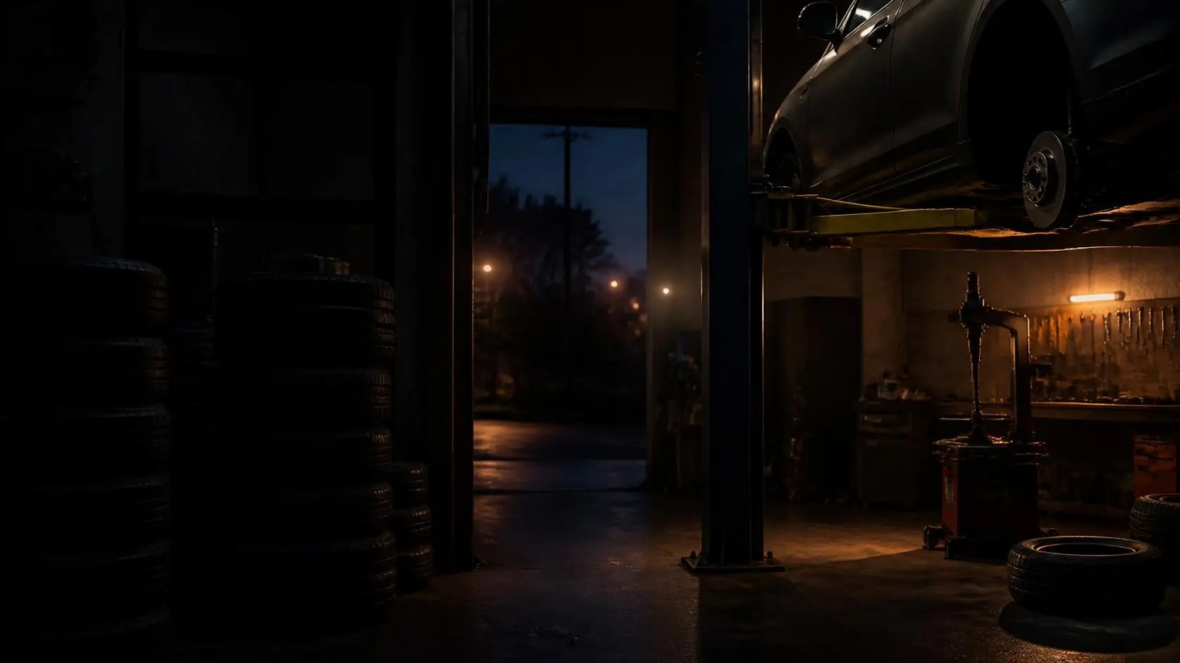 Inside the shop at dusk: a car up on the lift, the tire machine and stacked tires