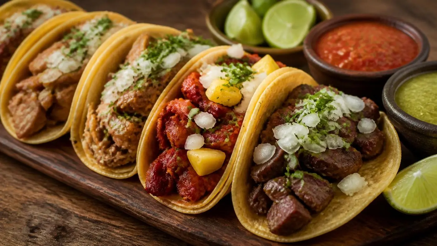 Asada, al pastor and carnitas tacos with salsas and lime