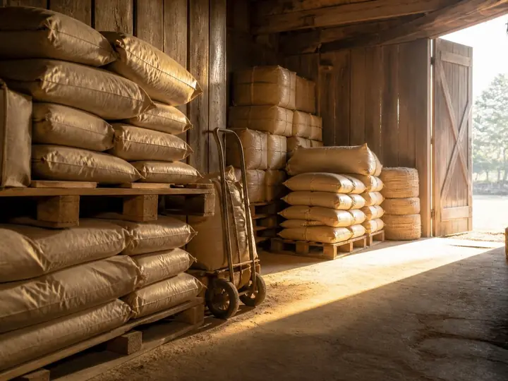 Pallets of feed sacks in the store, with afternoon light through the barn door