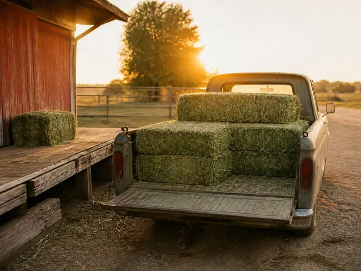 Alfalfa bales loaded into a pickup at the loading dock