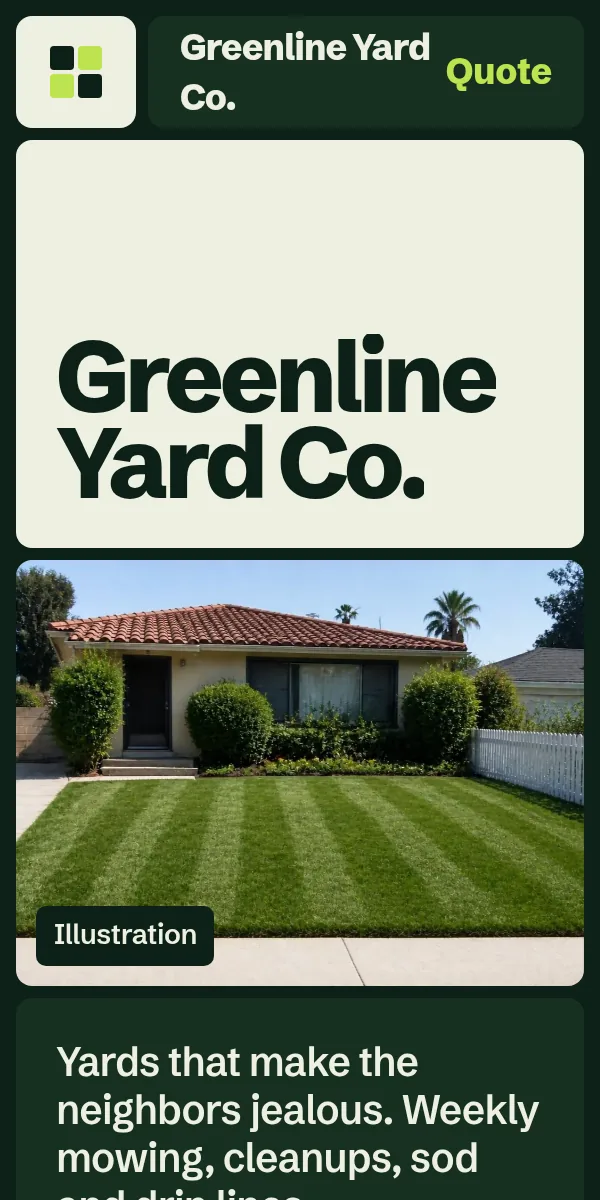 Greenline Yard Co. sample site on a phone: the name in big dark letters on a cream tile above a freshly striped front lawn.